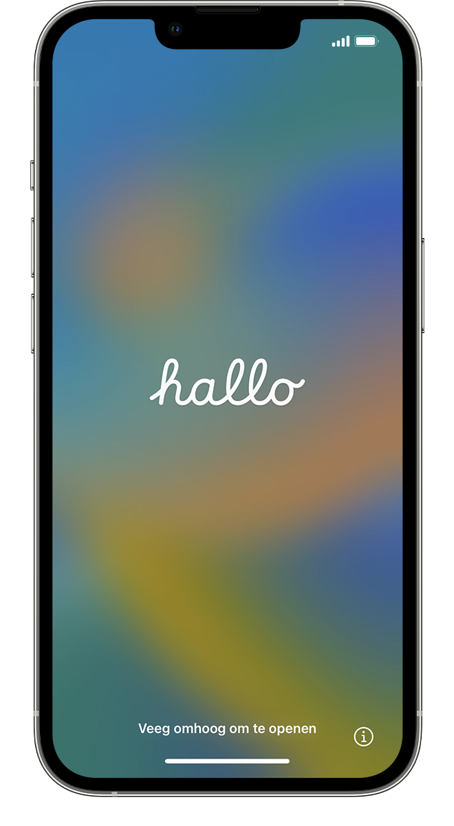 Een nieuwe iPhone met het 'Hallo'-scherm.