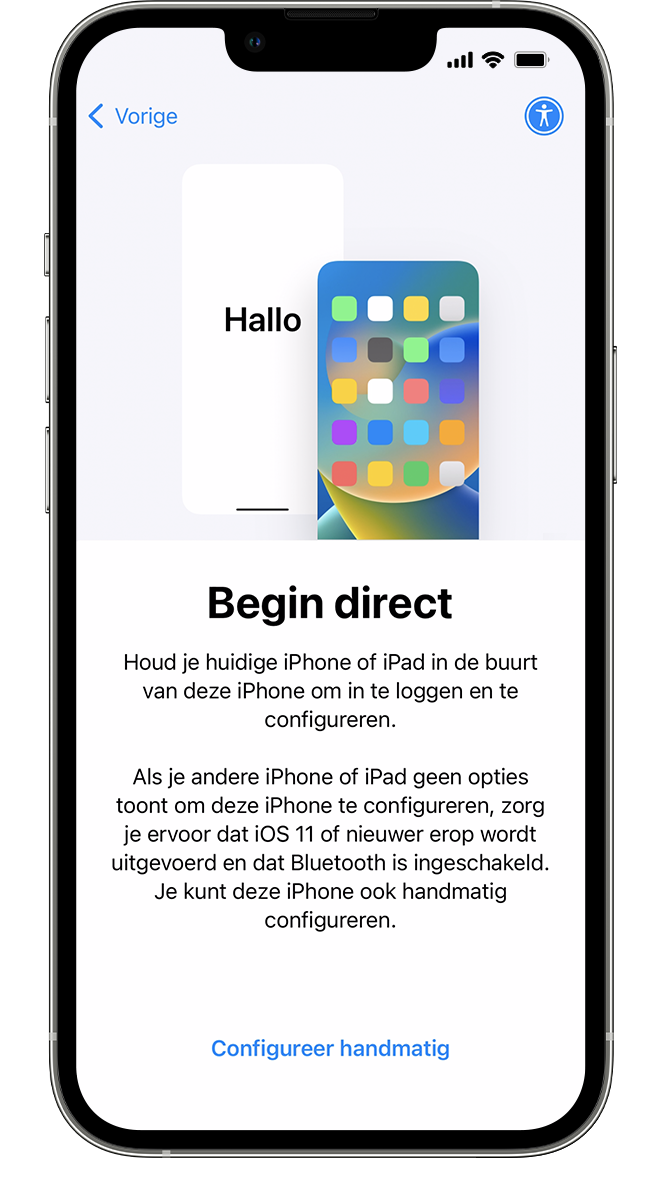 Een nieuwe iPhone met het 'Begin direct'-scherm. De instructies raden u aan om uw huidige apparaat dicht bij uw nieuwe apparaat te plaatsen.