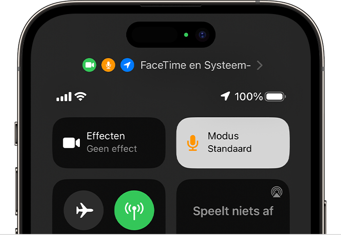 Een iPhone-scherm met het bedieningspaneel geopend, met de knop 'Modus'.
