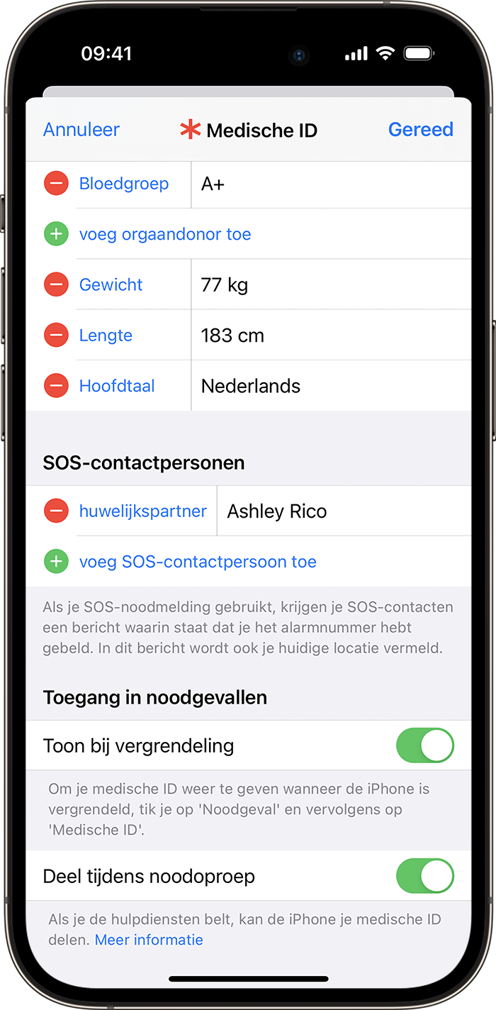 In de Gezondheid-app kunt u SOS-contactpersonen toevoegen aan uw medische ID, zodat uw telefoon automatisch contact opneemt met die personen in geval van noodsituaties.