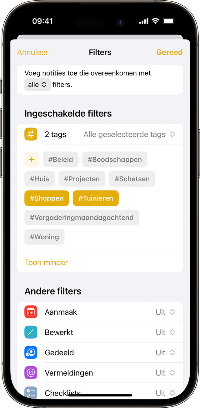 Je kunt je notities filteren door meerdere tags in Notities te selecteren.