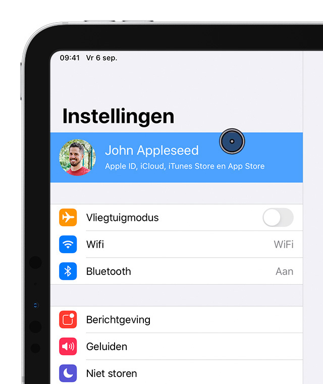 Een iPad op het scherm 'Instellingen' met de aanwijzer die het account van John Appleseed selecteert.