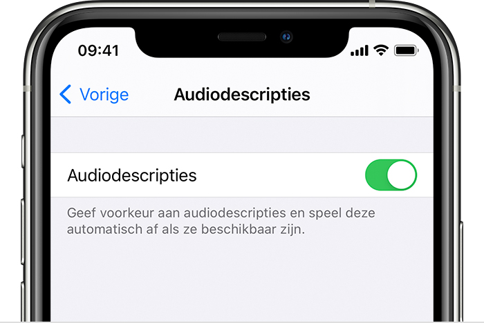 De knop 'Audiodescripties' in Instellingen op iPhone