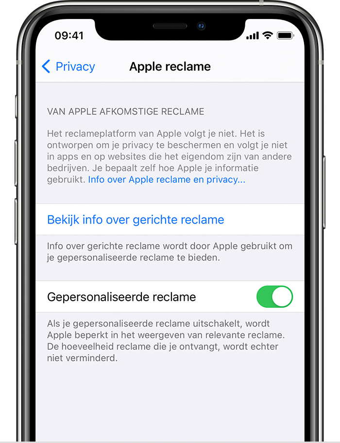 iPhone met Apple reclameopties, waaronder 'Bekijk info over gerichte reclame' en 'Gepersonaliseerde reclame'