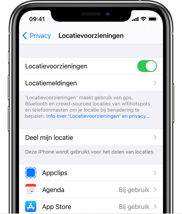 iPhone met opties in 'Locatievoorzieningen', waaronder 'Locatiemeldingen' en app-specifieke instellingen
