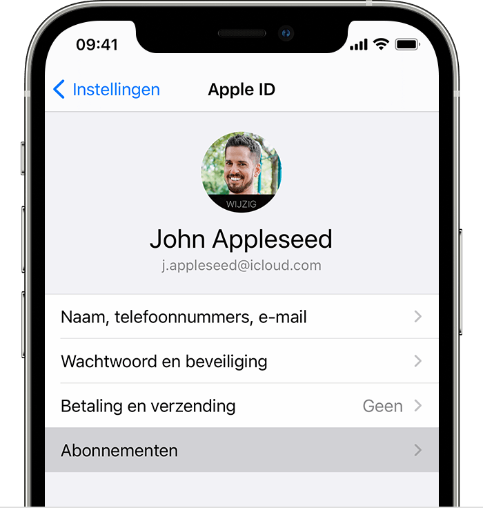 iPhone met de menuoptie 'Abonnementen' in Instellingen.