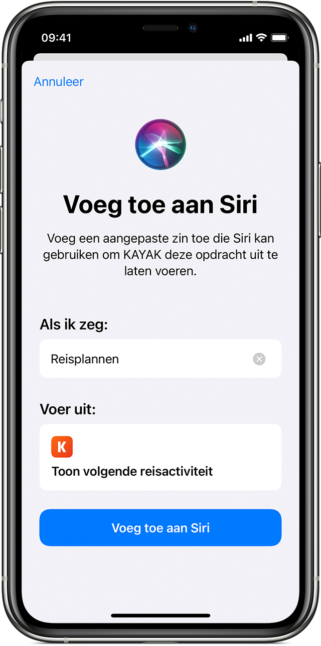 Kajak wordt aan Siri toegevoegd met de knop 'Voeg toe aan Siri'.