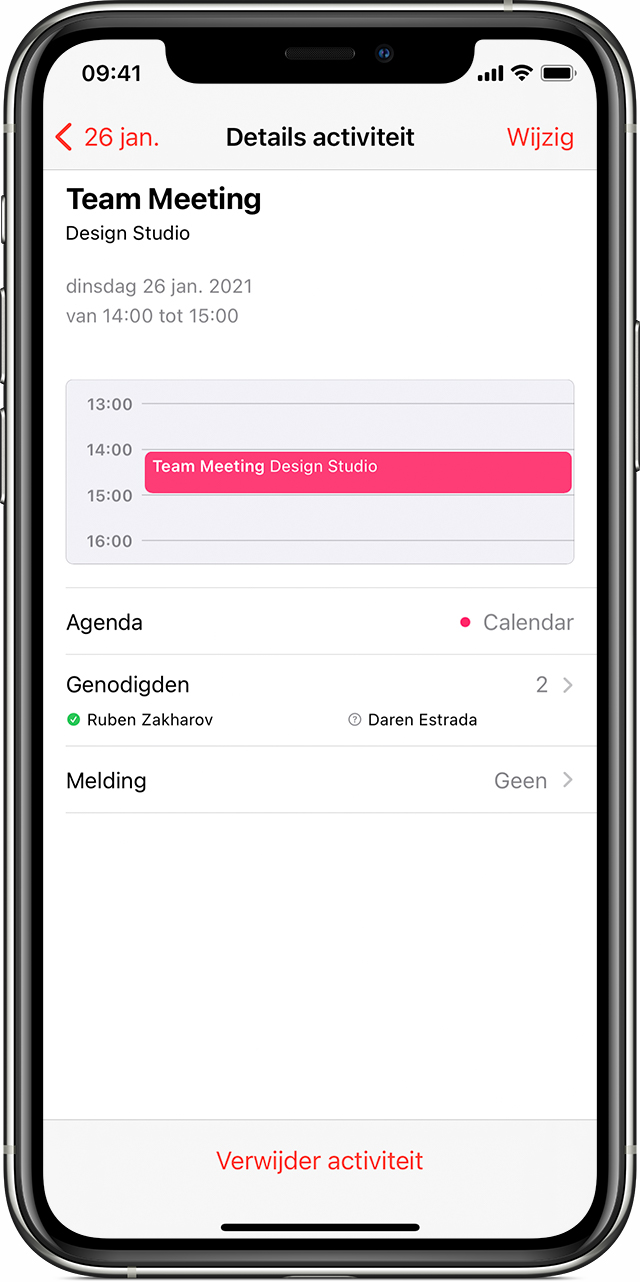 Scherm 'Details activiteit' in iPhone-agenda met onderaan 'Verwijder activiteit'