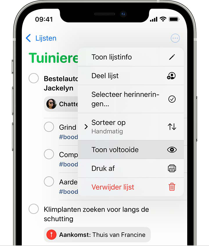 Een iPhone met een lijst met herinneringen en het menu dat wordt geopend na het selecteren van de knop 'Meer'. In het menu is 'Toon voltooide' gemarkeerd.