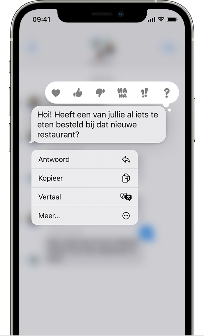 iPhone waarop een menu voor inline antwoorden te zien is nadat u een berichtballon ingedrukt hebt gehouden om een inline antwoord te versturen.