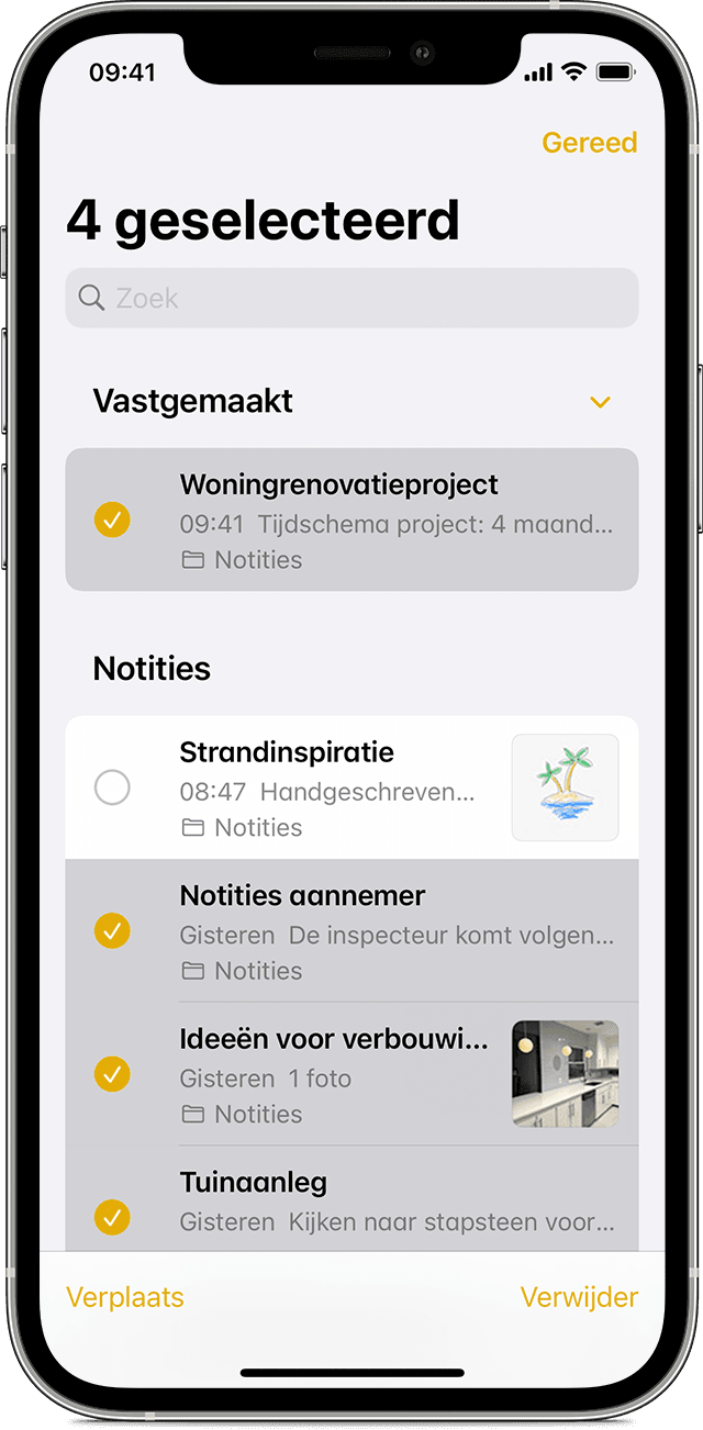 iPhone waarop wordt getoond hoe u een notitie verplaatst naar een andere map in de app Notities.