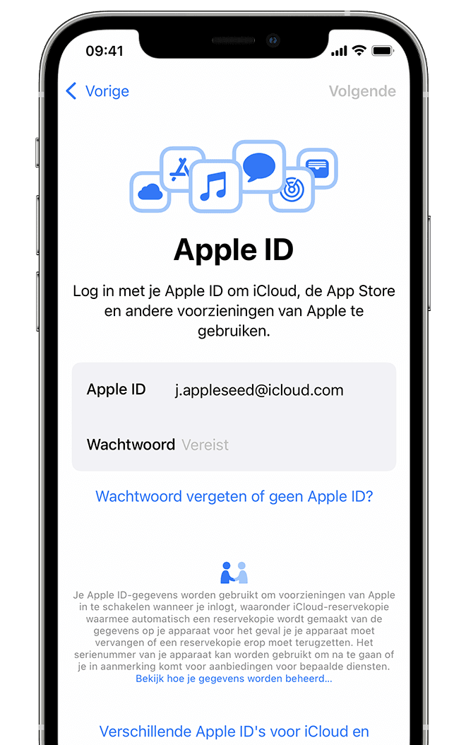 Scherm met optie om in te loggen met uw Apple ID en wachtwoord