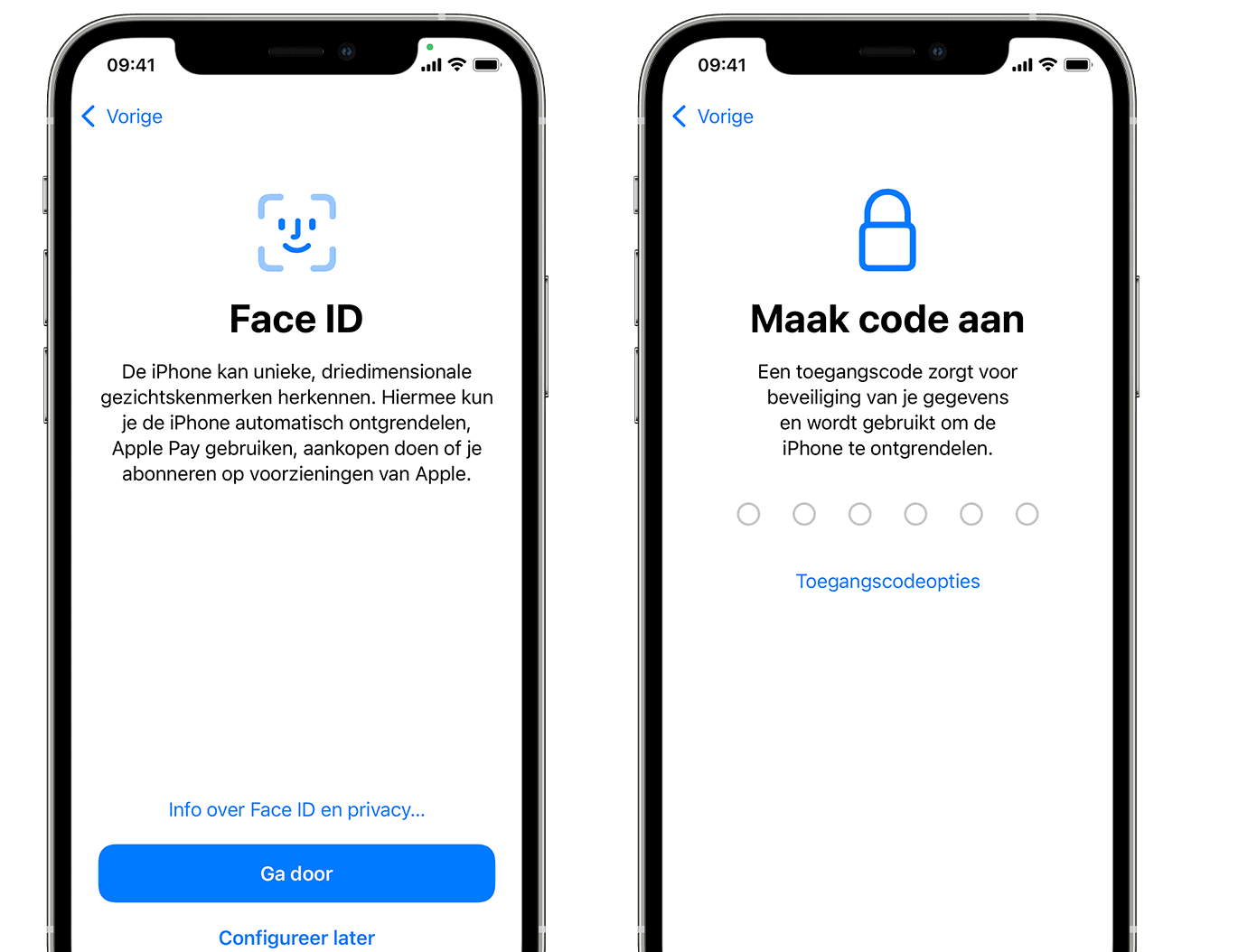Scherm met optie om Face ID te configureren en een toegangscode in te stellen