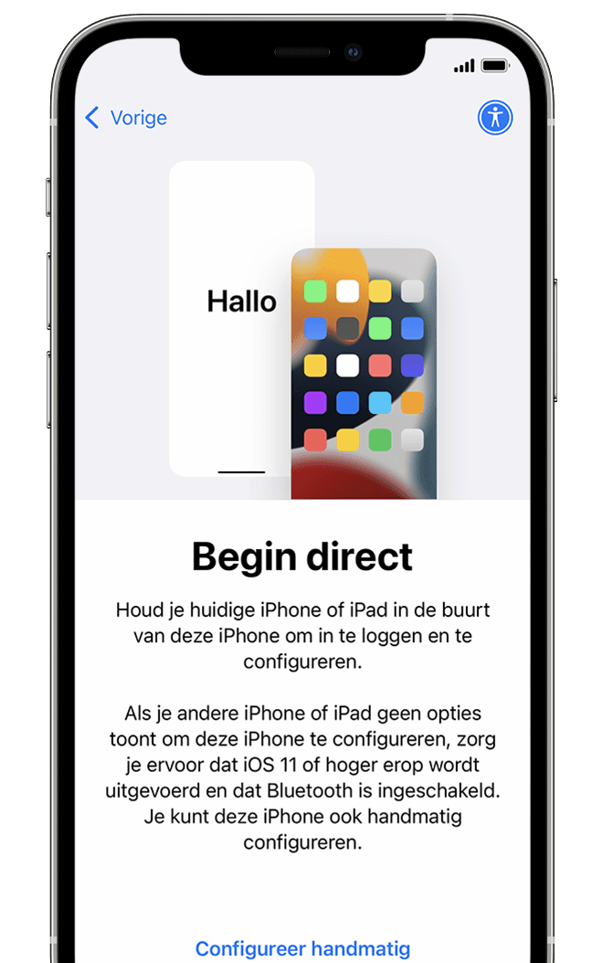 Scherm 'Begin direct' met opties voor configuratie van de iPhone