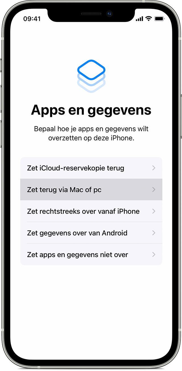 Een iPhone met het scherm 'Apps en gegevens' waarop 'Zet terug via Mac of pc' is geselecteerd.