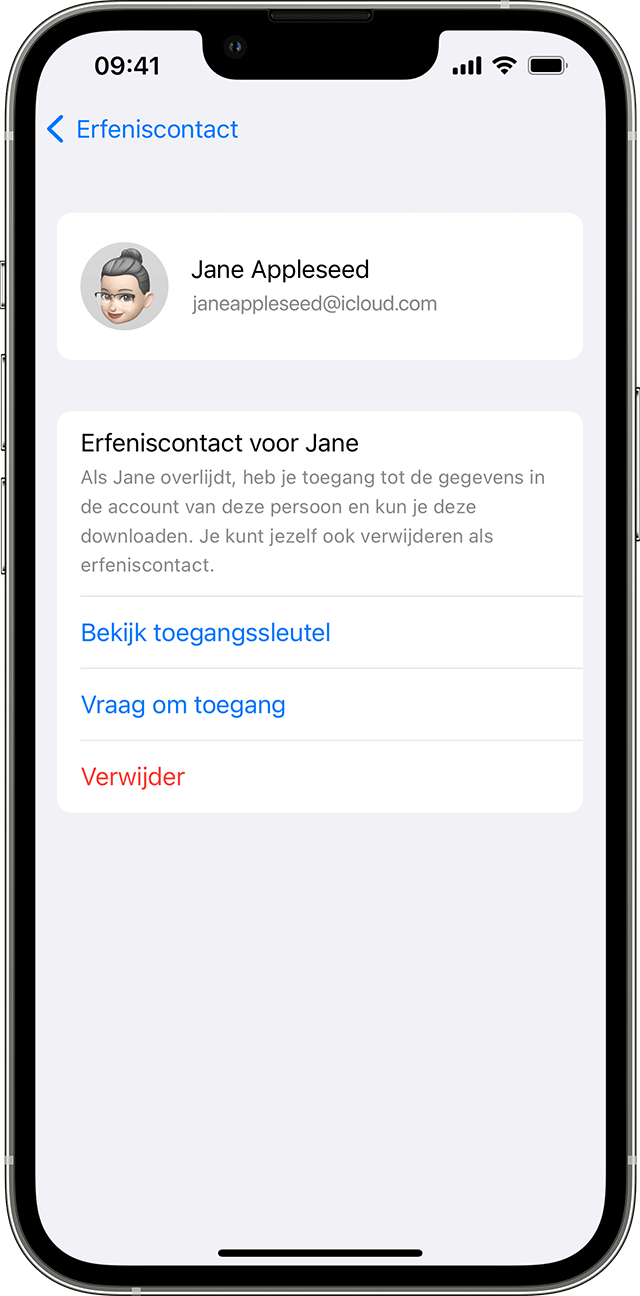 In de instellingen van 'Erfeniscontact' op een iPhone kunt u onder de naam van uw contact tikken op 'Bekijk toegangssleutel', 'Vraag om toegang' of 'Verwijder'.