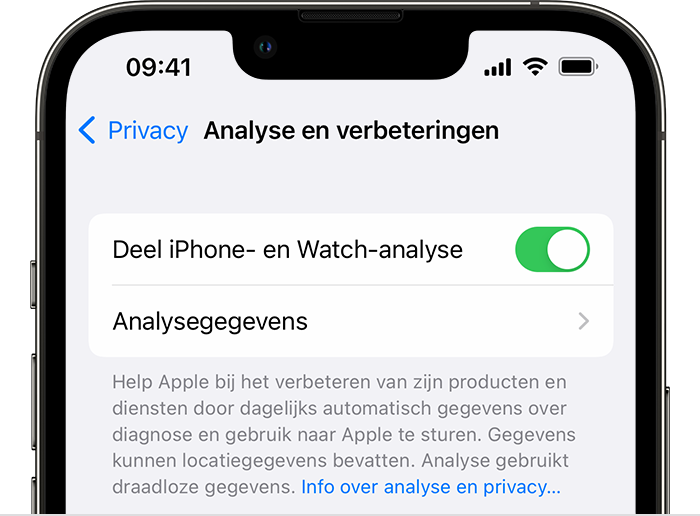 iPhone met de opties voor 'Analyse en verbeteringen' en met 'Deel iPhone- en Watch-analyse'.ingeschakeld.