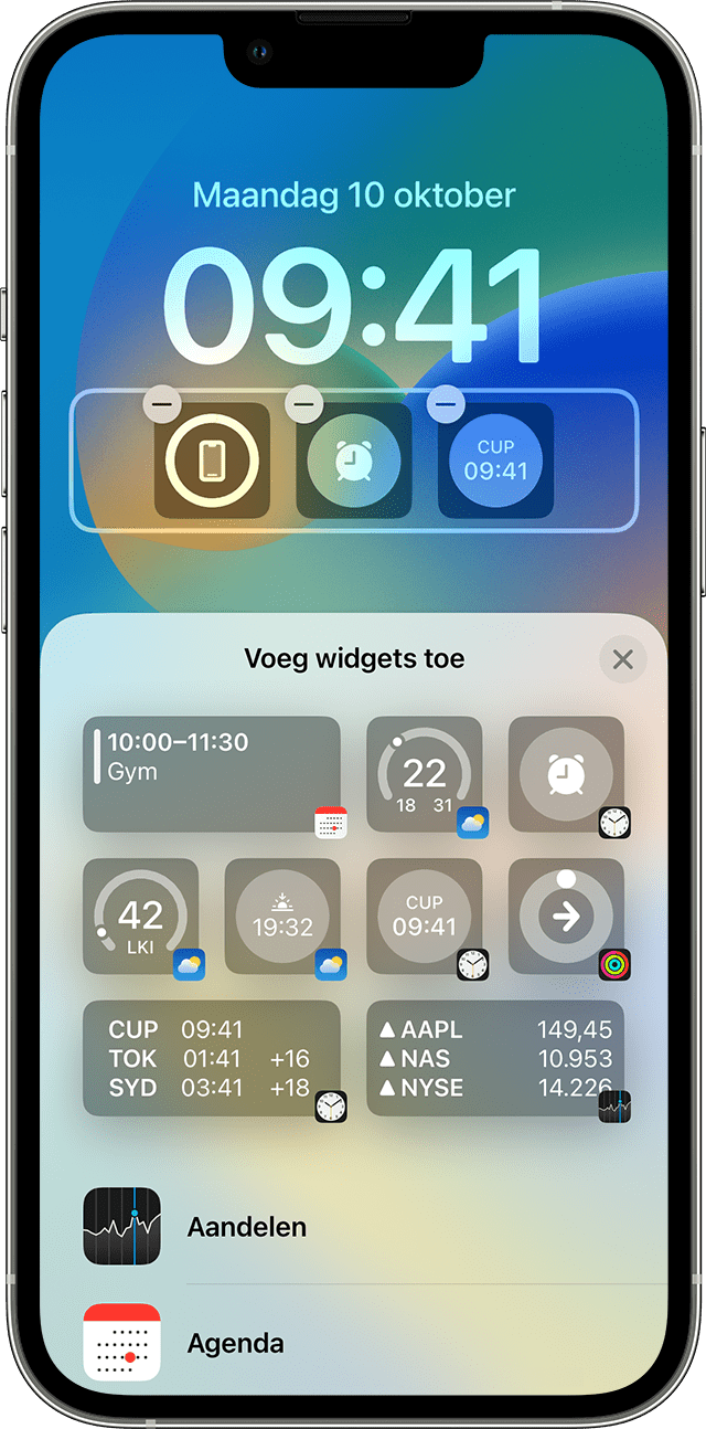 iPhone-scherm met uitleg over hoe je widgets kunt toevoegen aan het toegangsscherm