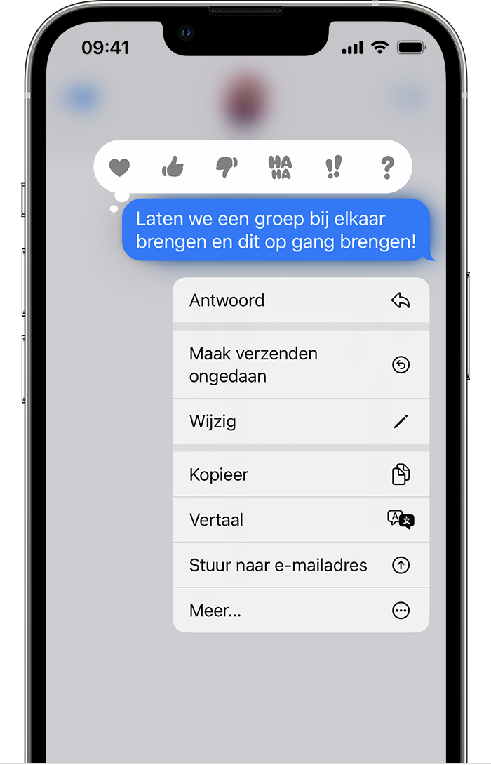 Wanneer u een bericht in een gesprek in Berichten ingedrukt houdt, verschijnen in iOS 16 onder andere de opties 'Wijzig' en 'Maak verzenden ongedaan'.