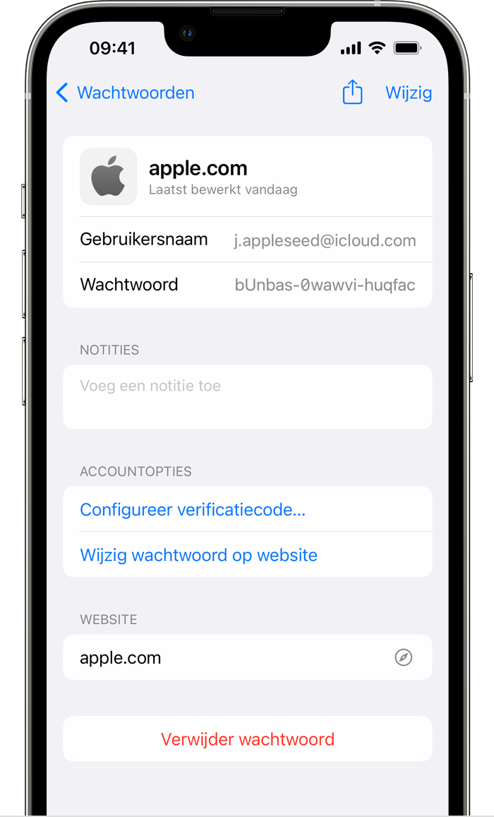 Een iPhone met de accountgegevens voor de Apple account van de gebruiker, waaronder de gebruikersnaam en het wachtwoord.