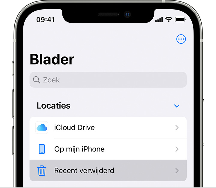 iPhone met tabblad 'Blader' in de Bestanden-app, met 'Recent verwijderd' gemarkeerd.