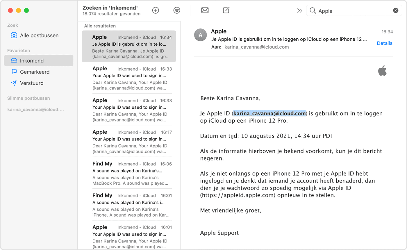 In sommige e-mails van Apple wordt mogelijk uw Apple ID vermeld. Hier ziet u een Apple ID tussen haakjes die is gemarkeerd.