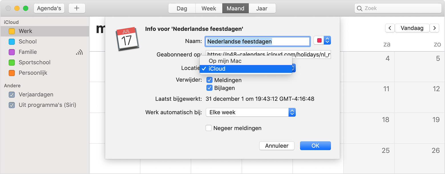 Instelling van Nederlandse feestdagen in een iCloud-agenda