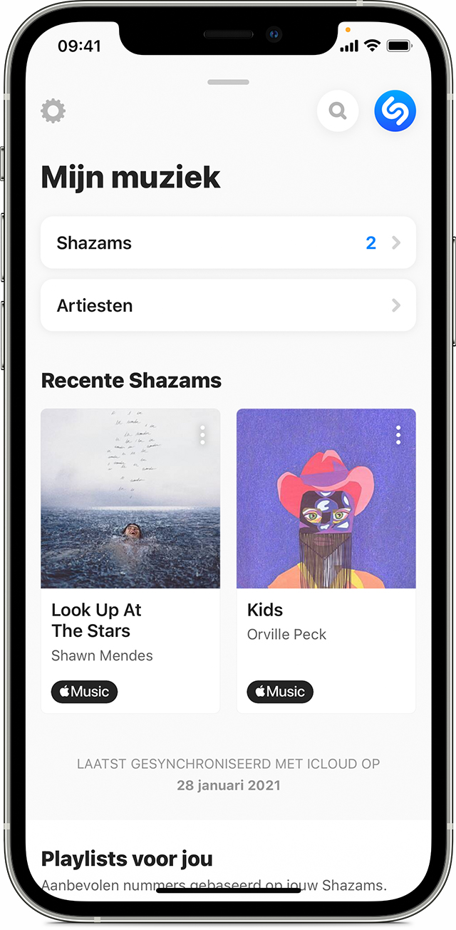 iPhone met de Shazam-app met het scherm 'Mijn muziek' geopend