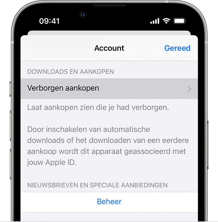 iPhone met de knop 'Verborgen aankopen' in de accountinstellingen.