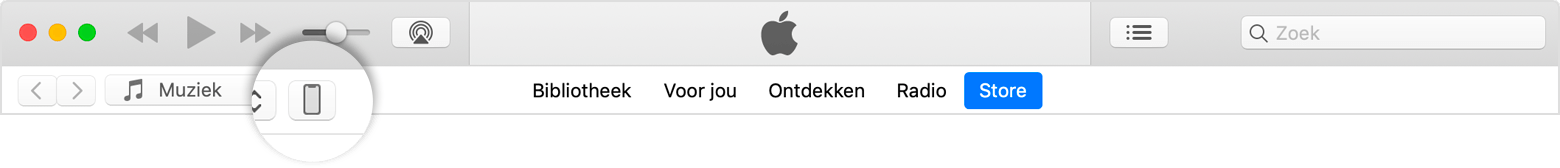 Het apparaatsymbool in de linkerbovenhoek van het iTunes-venster.
