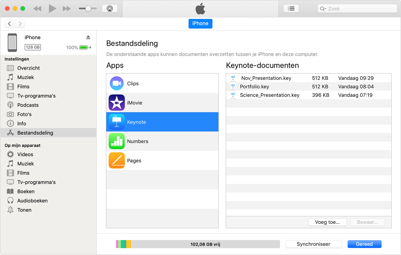 iTunes-venster met enkele Keynote-documenten die gedeeld kunnen worden.