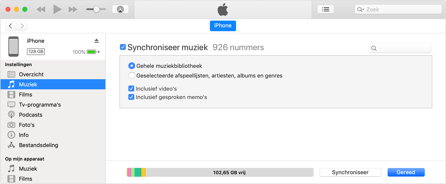 Het aankruisvak naast 'Synchroniseer muziek' in iTunes.