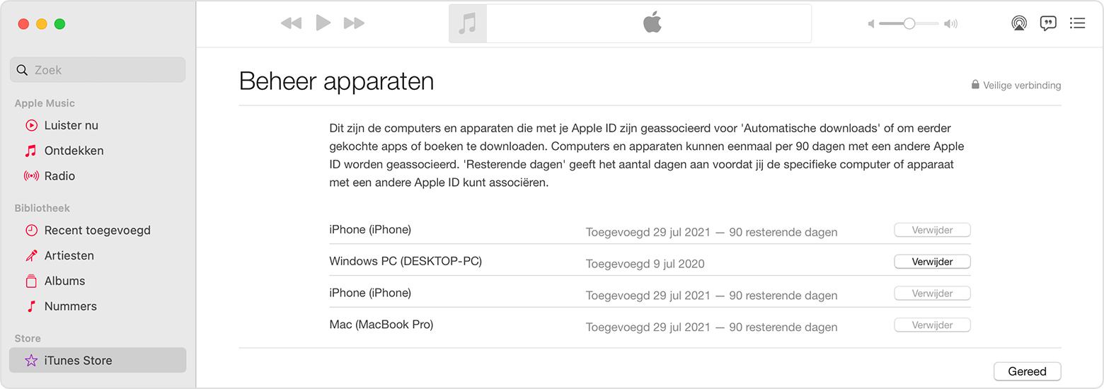 Mac met een lijst van drie apparaten. De knop 'Verwijder' is niet beschikbaar voor bepaalde apparaten in de lijst.