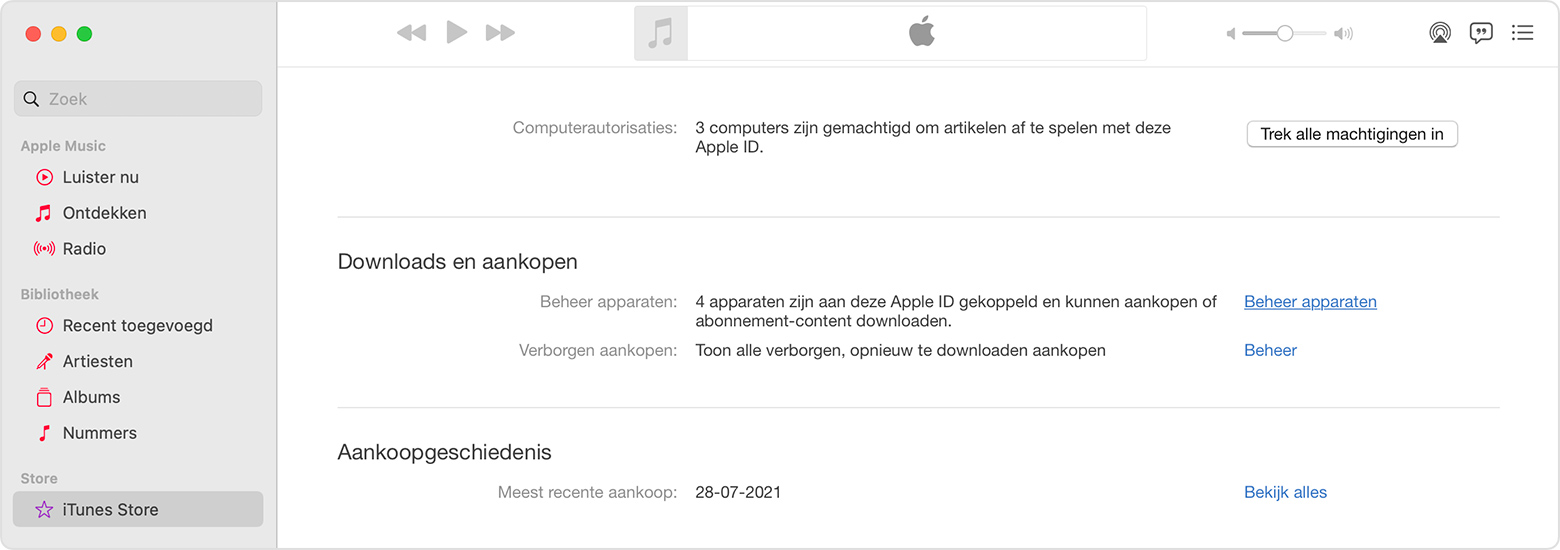 Mac met de optie 'Beheer apparaten' onder 'Downloads en aankopen'