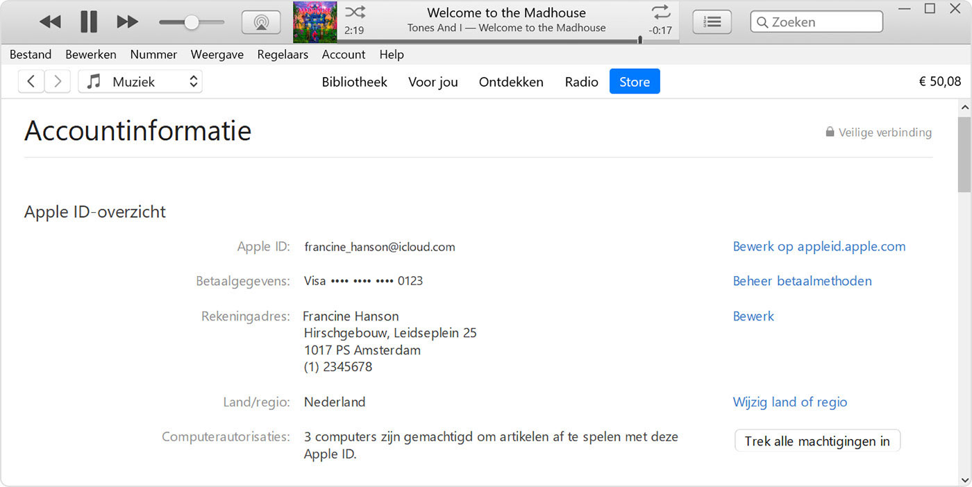 iTunes met de pagina 'Accountinformatie'.
