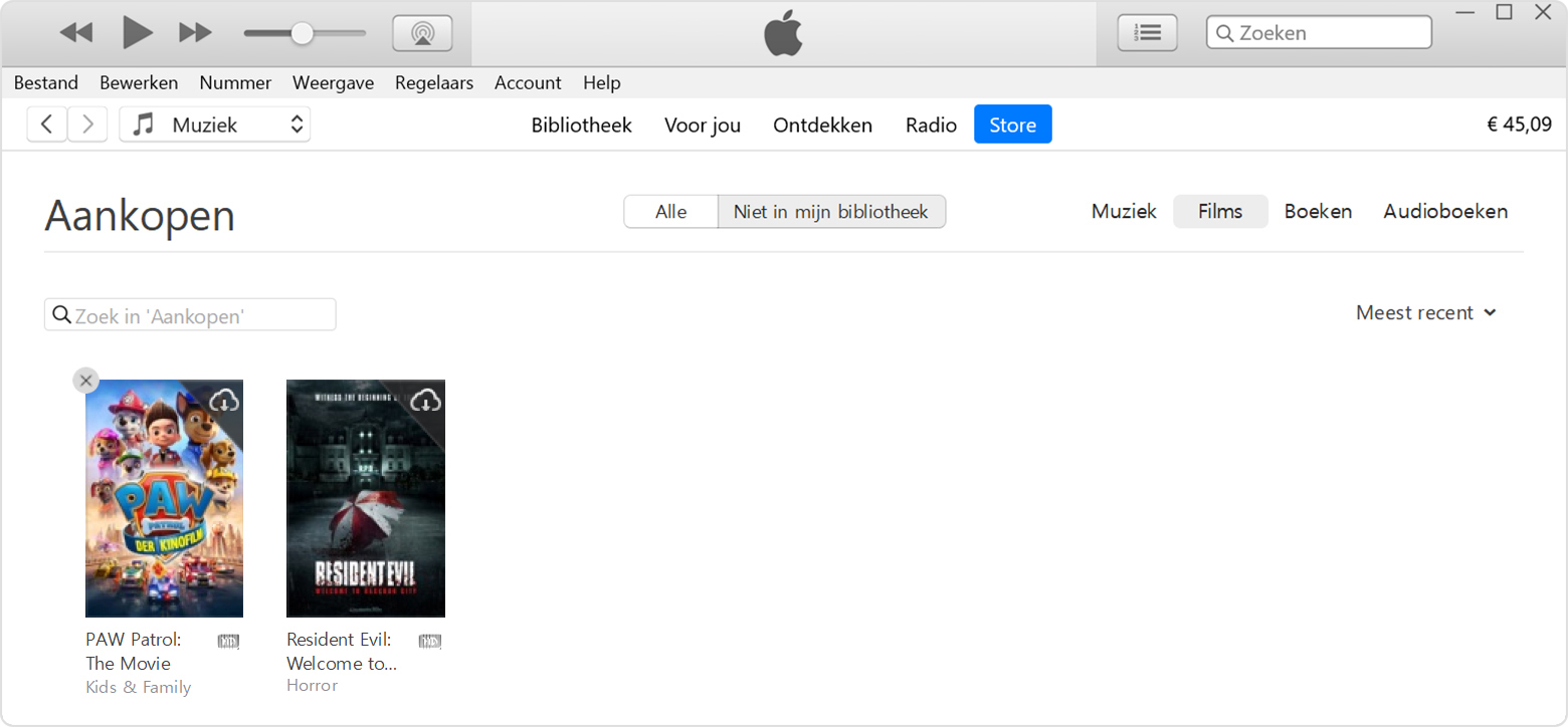De knop 'Verberg aankoop' in iTunes op een pc