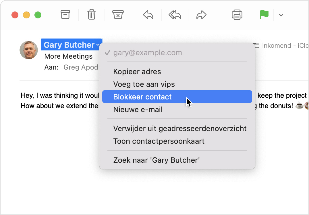 Afzendermenu van Mail voor macOS 'Blokkeer contact' geselecteerd