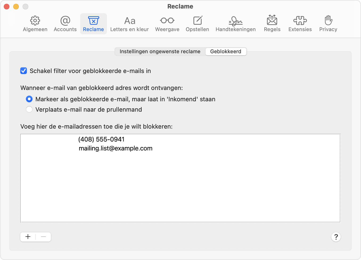 Voorkeuren van Mail voor macOS - 'Reclame'