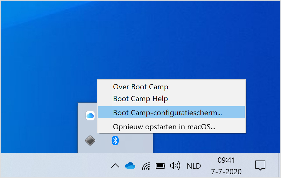 Boot Camp-menu met Boot Camp-configuratiescherm geselecteerd