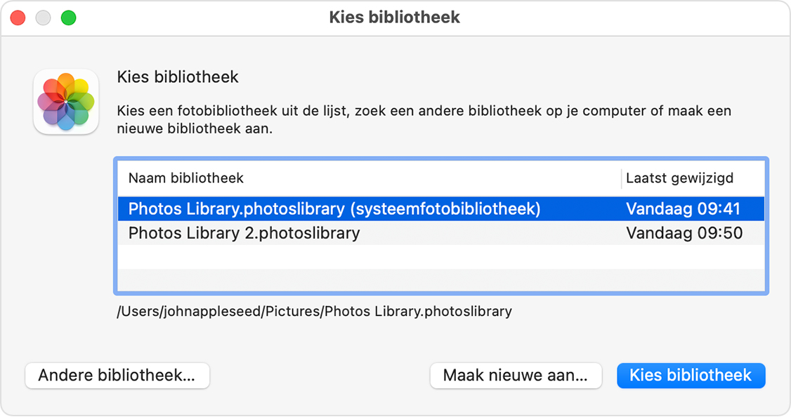Venster 'Kies bibliotheek' in de Foto's-app in macOS