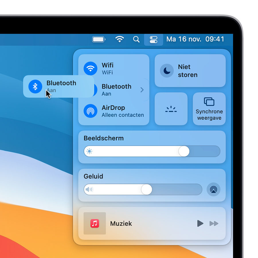 Bedieningspaneel macOS Big Sur: Bluetooth verslepen van het bedieningspaneel naar de menubalk op het bureaublad