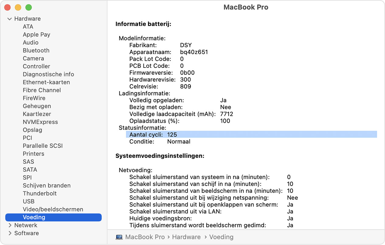 Systeeminformatie-venster voor MacBook Pro met gemarkeerde batterijcyclustelling