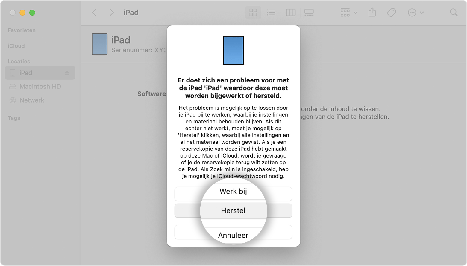 iPad-scherm met de knop 'Herstel'