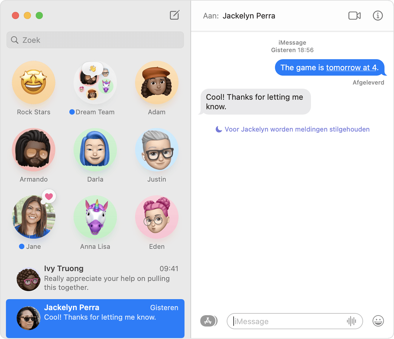 Berichtvenster met het Focus-statusbericht onder de chatballon