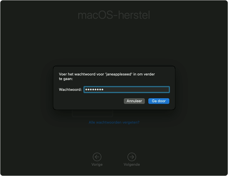 Pop-up met wachtwoordprompt in macOS-herstel
