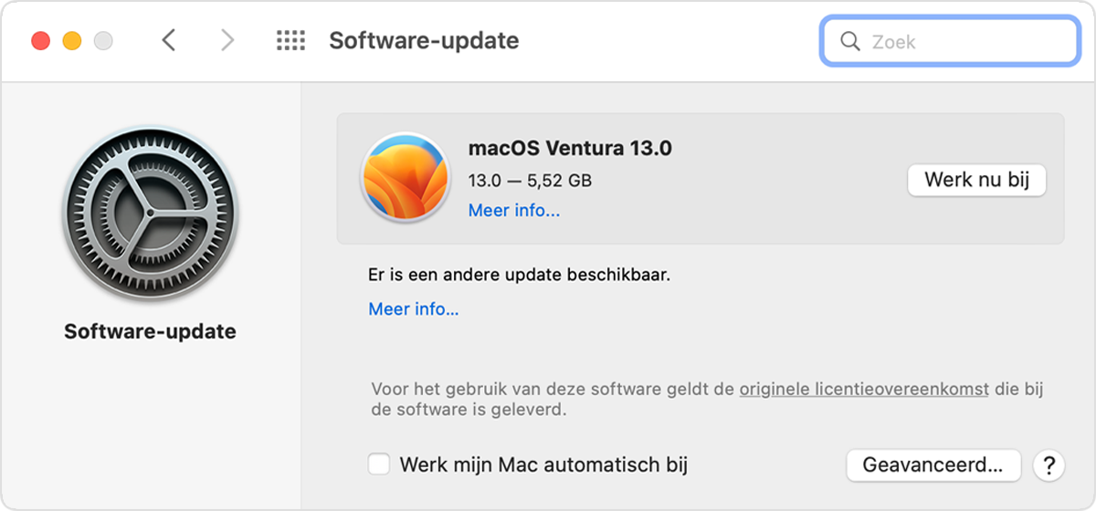 Venster 'Software-update' in macOS Monterey