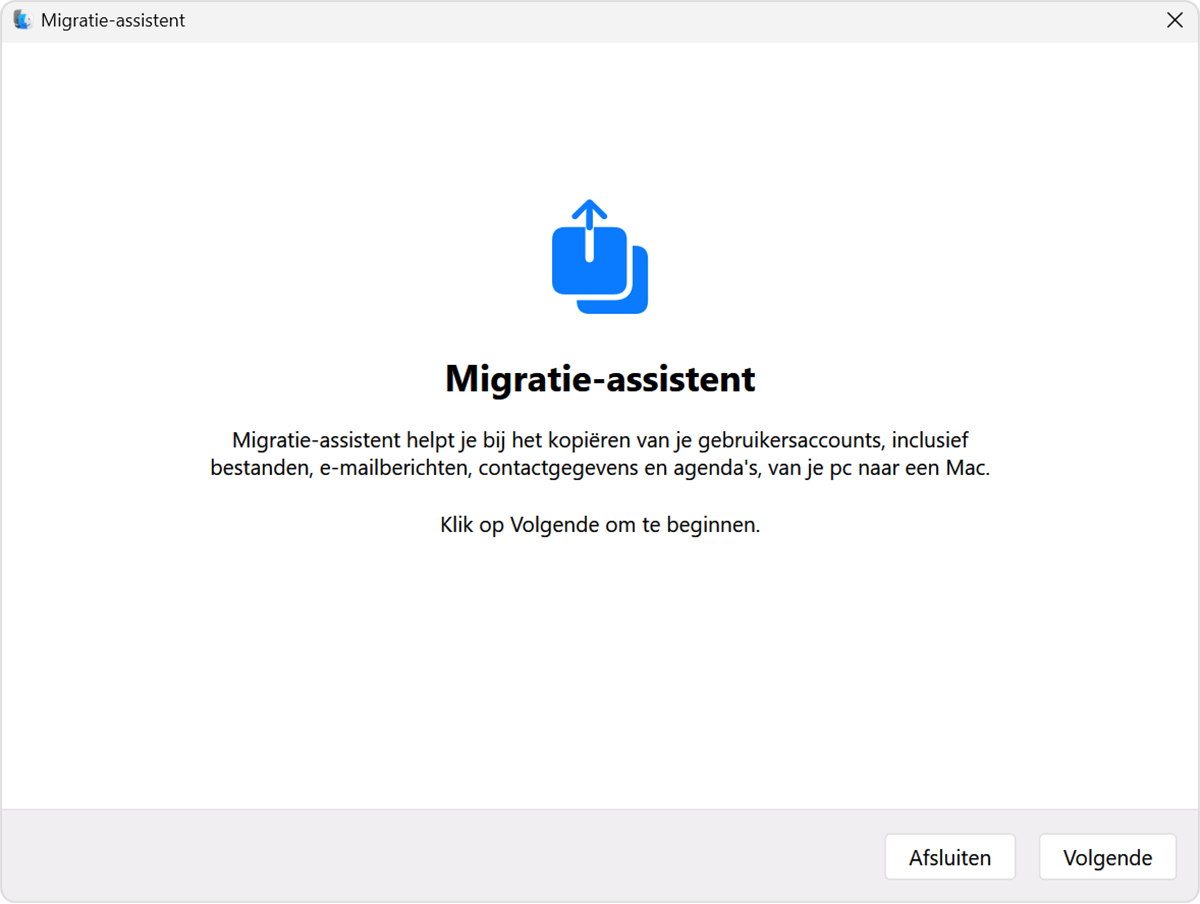 Het eerste venster van Migratie-assistent op pc