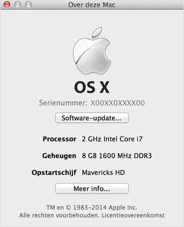 Het venster 'Over deze Mac' in OS X Mavericks