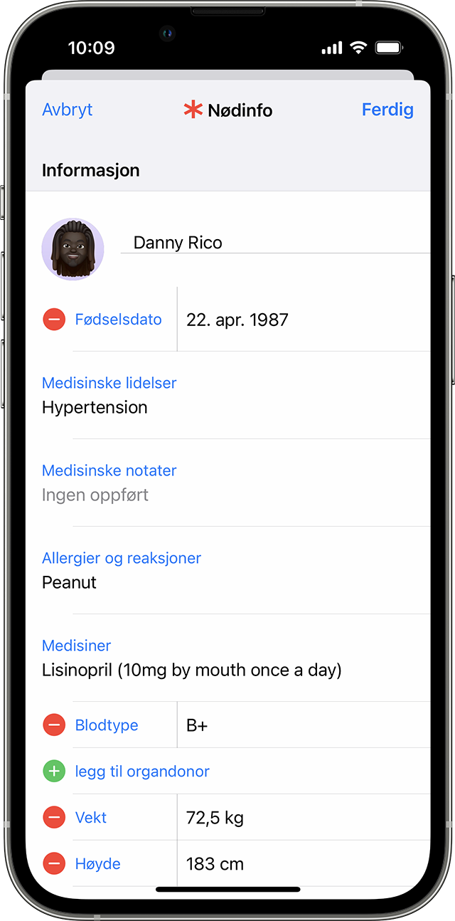 En iPhone-skjerm som viser Nødinfo-detaljer