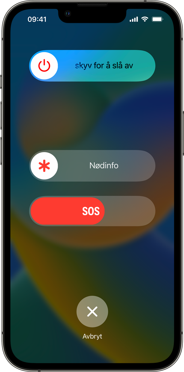 En iPhone som viser glidebryterne Slå av, Nødinfo og Nødanrop (SOS). Nødanrop (SOS)-glidebryteren teller ned.